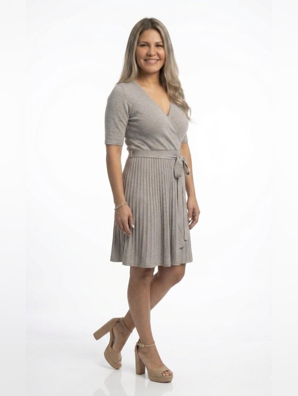 Carole Little Taupe Pleated Wrap Skirt Dress